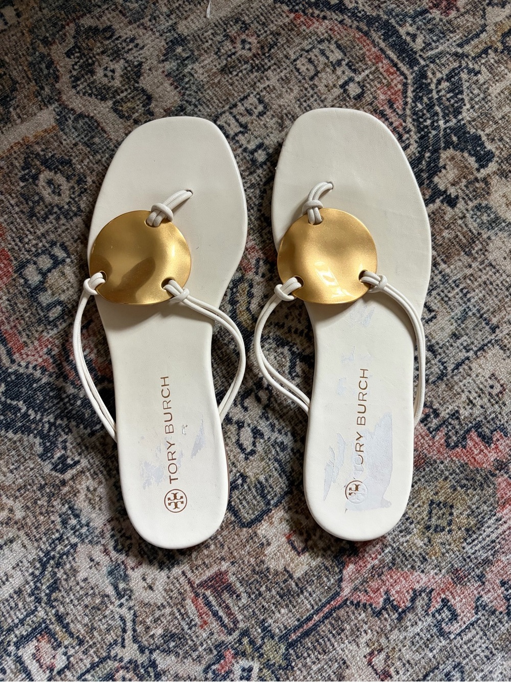 Tory Burch White Thong Sandals with Gold Disc